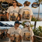 Bruce Springsteen beige button-down shirt featuring a vintage sunset graphic with a microphone, guitar, and beach theme.!