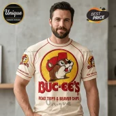 Cream retro Buc-ees tee with red trim featuring beaver mascot and text Buc-ees Road Trips and Beaver Chips!