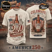 Off-white crewneck t-shirt featuring Budweiser 250th anniversary graphics with American flags and Statue of Liberty.!