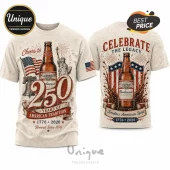 Beige graphic t-shirt featuring Budweiser bottle, Statue of Liberty, Liberty Bell, American flag, and 250 years text graphic.!