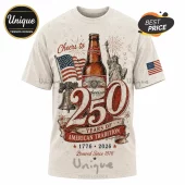 Off-white crewneck t-shirt featuring a Budweiser bottle, Statue of Liberty, Liberty Bell, US flag, and 250 years text graphic.!