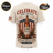 Budweiser beer bottle t-shirt with patriotic stars, stripes, fireworks, and 1776-2026 text on cream fabric.!