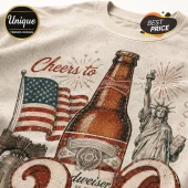 Vintage Budweiser beer bottle graphic on a beige cotton t-shirt with American flag, Statue of Liberty, and fireworks.!