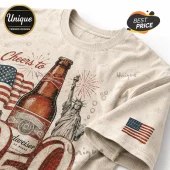 Beige cotton t-shirt with Budweiser beer bottle, Statue of Liberty, and American flag graphic print.!