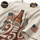 Off-white crewneck t-shirt featuring Budweiser bottle, American flag, Liberty Bell, Statue of Liberty, and 250 graphic.!