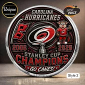 Carolina Hurricanes commemorative coin featuring the team logo, Stormy the mascot, Stanley Cup, and years 2006 and 2026.!