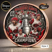 Carolina Hurricanes commemorative coin featuring the Stanley Cup, hockey players, red and white uniforms, and flame motifs.!