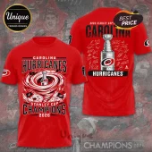 Carolina Hurricanes 2026 Stanley Cup Champions red t-shirt with tornado graphic, trophy, and team signatures on back.!
