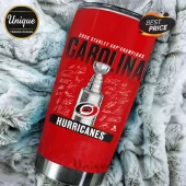 Red Carolina Hurricanes 2026 Stanley Cup Champions stainless steel tumbler with printed team signatures and trophy graphic.!