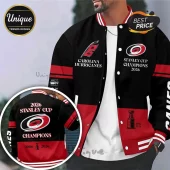 Carolina Hurricanes black and red varsity jacket featuring 2026 Stanley Cup Champions text and logo embroidery.!