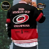 Carolina Hurricanes 2026 Stanley Cup Champions black and red bomber jacket with team logo and trophy icon on the back.!