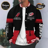 Carolina Hurricanes black and red varsity jacket featuring 2026 Stanley Cup Champions text and logo embroidery.!