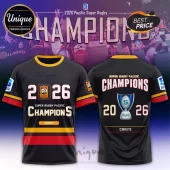 Front and back of black Chiefs rugby jersey with red and yellow stripes, 2026 Champions text, and championship trophy icon.!