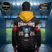 Back view of a black hoodie with a yellow hood, displaying Super Rugby Pacific 2026 Champions graphics and Chiefs logo.!