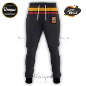 Black athletic joggers with white drawstring, featuring a gold and red striped waistband and a Chiefs 30th anniversary logo.!