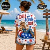 Woman wearing white short-sleeve shirt with red, white, and blue cowgirl graphic and Chill The Fourth Out text at beach.!