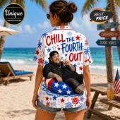 White button-down shirt featuring Jelly Roll, red stars, blue text reading Chill The Fourth Out, and hibiscus flowers.!