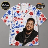 White button-down shirt featuring Jelly Roll portrait, red and blue hibiscus flowers, palm trees, and stars text overlay.!