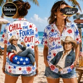 Button-up shirt with red and blue patriotic patterns, fireworks, and text reading Chill The Fourth Out and Star Stripes.!
