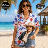 Woman wearing white short-sleeve button-up shirt with Star, Stripes and Sunshine text and blue palm and red floral print.!