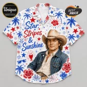 White short-sleeve button-down shirt featuring red and blue hibiscus flowers, palm trees, stars, and text Star Stripes & Sunshine.!