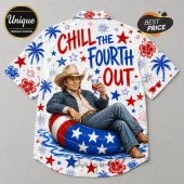 White button-down shirt featuring a man in a cowboy hat and denim jacket sitting in an American flag-themed pool tube.!