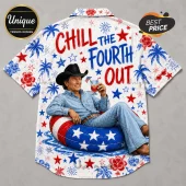 White button-down shirt with patriotic text Chill The Fourth Out, a cowboy on a star-spangled tube, palms, and fireworks.!