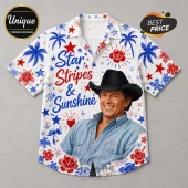 Button-up shirt with George Strait portrait, red and blue hibiscus flowers, palm trees, and Stars Stripes & Sunshine text.!