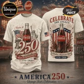 Off-white t-shirt with Coca-Cola 250th anniversary graphic, Statue of Liberty, US flag, and patriotic red text.!