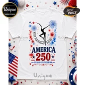 White t-shirt featuring a Dave Matthews Band silhouette, red and blue fireworks, and America 250 Years of Freedom text.!