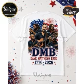 White graphic t-shirt featuring Dave Matthews Band members, patriotic fireworks, American flag art, and 1776-2026 text.!