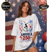 Woman wearing white t-shirt with Dave Matthews Band logo, fireworks graphics, and America 250 Years of Freedom text.!