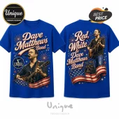 Blue crew neck t-shirt featuring Dave Matthews playing acoustic guitar with American flag and firework graphics.!