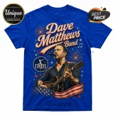 Royal blue graphic t-shirt featuring Dave Matthews playing acoustic guitar with fireworks, stars, and American flag motif.!