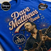 Blue Dave Matthews Band graphic t-shirt featuring Dave Matthews playing acoustic guitar with firework and music note art.!