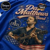 Blue cotton t-shirt featuring a Dave Matthews Band graphic with fireworks, a US flag banner, and text DMB.!