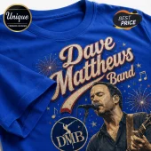 Royal blue cotton t-shirt with a vintage graphic of Dave Matthews, DMB logo, fireworks, and musical notes.!