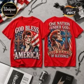 Red graphic t-shirts featuring David Bowie, US flag motifs, and text God Bless America and One Nation Under God.!