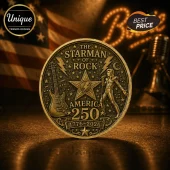 Round antique brass commemorative coin featuring David Bowie imagery, guitar, lightning bolts, and text 1776-2026 America 250.!