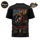 Black cotton t-shirt featuring a vintage David Bowie Ziggy Stardust 1972 tour graphic with red, blue, and gold text.!