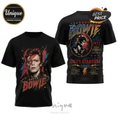 Black cotton t-shirt featuring a David Bowie Ziggy Stardust print with 1972 tour dates and retro lightning bolt graphics.!