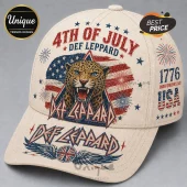 Cream baseball cap featuring Def Leppard 4th of July graphic with a leopard, American flag, and fireworks print.!