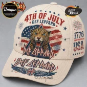 Def Leppard 4th of July baseball cap featuring a leopard, American flag, and patriotic graphics on cream-colored fabric.!