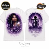 White cotton t-shirt with front and back Diana Ross graphics in purple hues featuring portraits and inspirational quotes.!