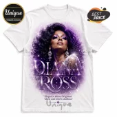 White crewneck t-shirt featuring a purple-toned graphic of Diana Ross with sparkling light effects and quote text.!