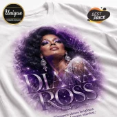 White cotton t-shirt featuring a purple airbrushed portrait of Diana Ross with sparkling light effects and bold lettering.!