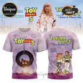 Taylor Swift and Toy Story 5 themed graphic t-shirt featuring Jessie and Buzz Lightyear illustrations on a purple sunset sky.!