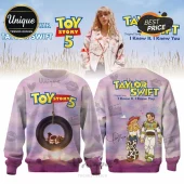Toy Story 5 and Taylor Swift themed crewneck sweatshirt featuring illustrated Buzz Lightyear and cowgirl characters.!