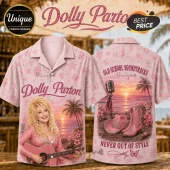Pink Dolly Parton beach shirt with beach sunset, acoustic guitar, vintage microphone, cowboy boots, and seashell pattern.!