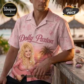 Pink button-down shirt featuring Dolly Parton playing guitar, starfish, and seashells on a beach background.!